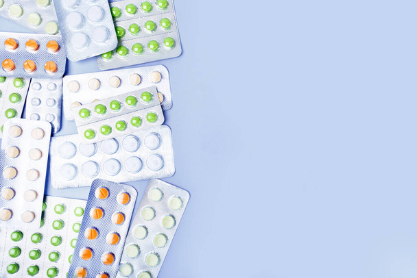 Multicolored Medicine Pills. Copy space. Top view. - Фото, изображение
