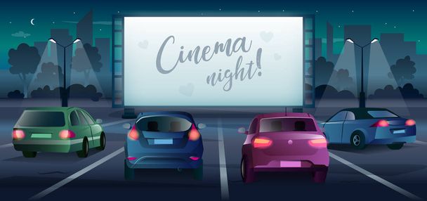 漫画風のシネマナイトベクトルバナー。大画面と車のポスター付きのドライブイン映画館。暗闇の中でロマンチックな映画や古典的なオープンエアの駐車場でショーを見て観客 - ベクター画像
