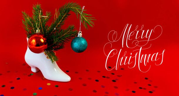 Christmas card, banner, flatlay with text - Merry Christmas on a red background - Фото, зображення