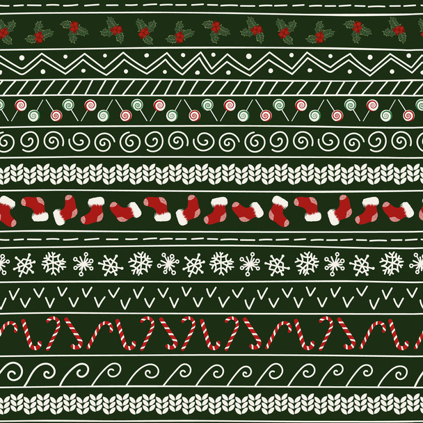 Οριζόντια Χριστούγεννα χωρίς ραφή μοτίβο. Χριστουγεννιάτικο στολίδι για ευχετήριες κάρτες και χαρτί περιτυλίγματος. Εορταστική εκτύπωση με χριστουγεννιάτικα σύμβολα. - Διάνυσμα, εικόνα