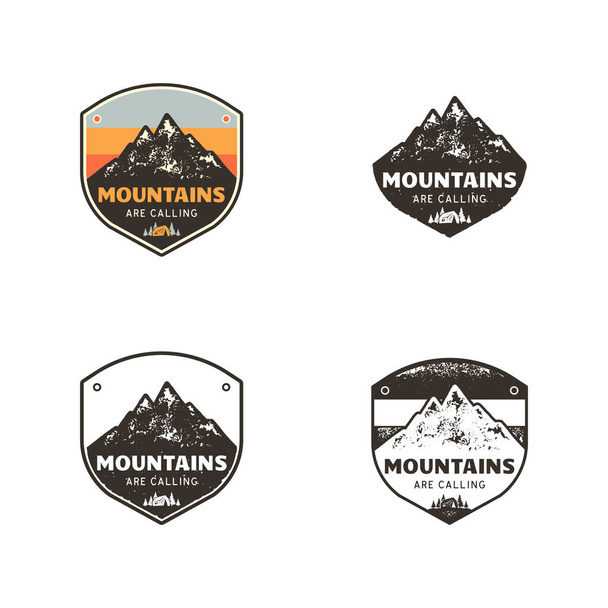 Ski Club, Mountains Explorer Labels. Vintage hand drawn mountain winter camp badges. Outdoor adventure ski camp logo design. Travel patch, hipster print. Retro colors, monochrome emblems. Stock Vector - Vektor, obrázek
