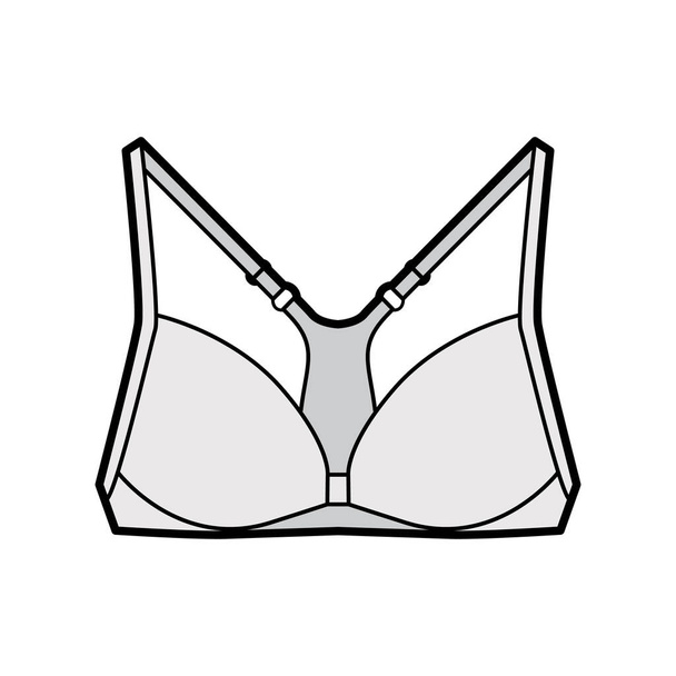 Bra racerback front closure lingerie technical fashion illustration with adjustable shoulder straps. Flat brassiere - Vector, Image