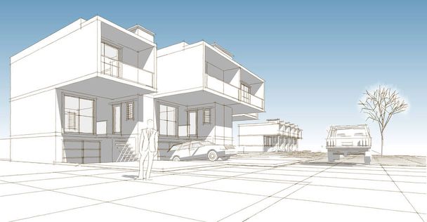 modern architecture townhouse sketch 3d illustration - Photo, Image