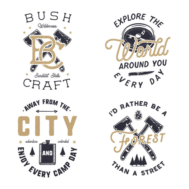Vintage hand drawn travel logos and emblems set. Hiking labels. Outdoor adventure inspirational logos. Typography retro style. Motivational travel logos, quotes for prints, t shirts. Stock vector. - Vector, Image
