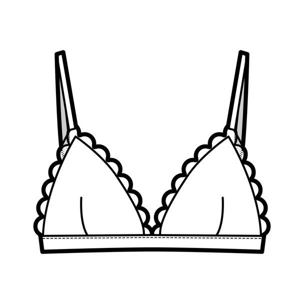 Ilustración técnica de moda de lencería Triangle Bra con correas ajustables, cierre de gancho y ojo, tazas festoneadas. Plano  - Vector, imagen