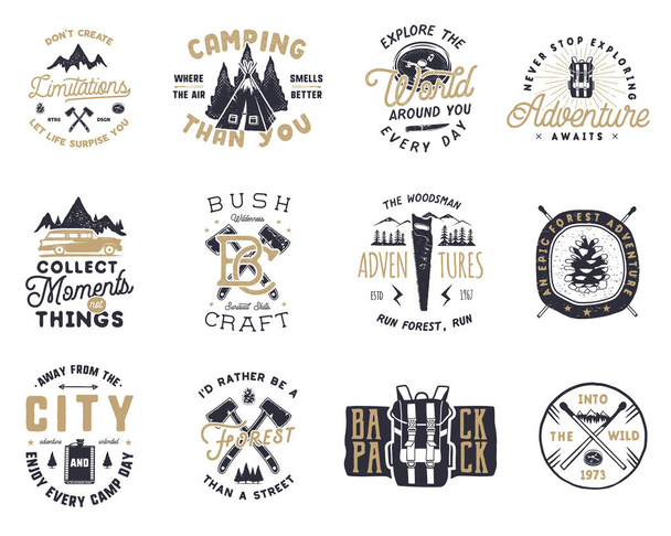Vintage hand drawn travel badge and emblem set. Hiking labels. Outdoor adventure inspirational logos. Typography retro style. Motivational quotes for prints, t shirts, mug, tee. Stock vector design. - Vector, Image