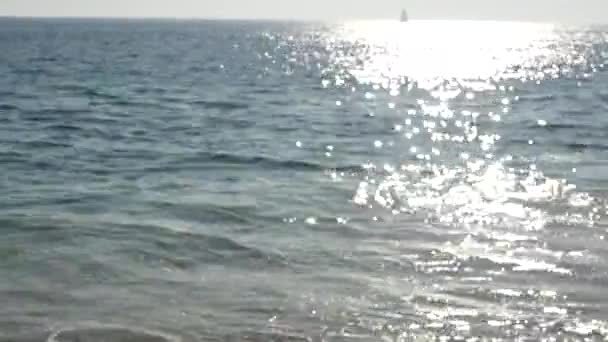 Californië zomer strand esthetische, wazig gedeconcentreerde watergolf. Glanzend zonnespoor en zonlicht. Santa Monica Pacific Ocean Resort. Dromerige rustige nevelige achtergrond. Onduidelijke rustige idyllische zee - Video