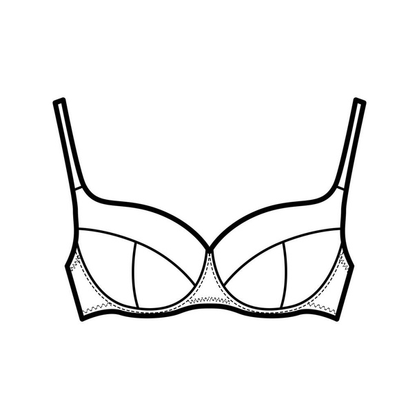 Bra lingerie technical fashion illustration with full adjustable shoulder straps, molded cups, hook-and-eye closure. - Vecteur, image