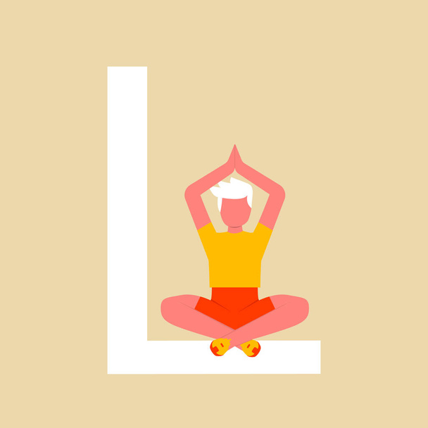 Yoga asana. L'homme est assis en position Lotus sur une grande lettre L. Caractère plat de dessin animé avec une lettre majuscule L. Illustration vectorielle. Eps 10. - Vecteur, image