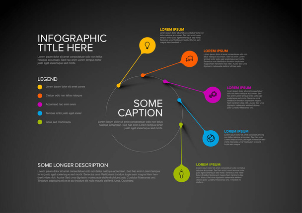 Vector multipurpose Infographic template made from pointers on circle path with icons, descriptions and legend - dark version - Vector, Image