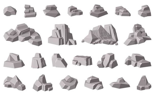 Kövek és kövek. Gránit hegyi kavics, szürke kő halom, kő kavics szikla elszigetelt vektor illusztráció ikonok készlet - Vektor, kép