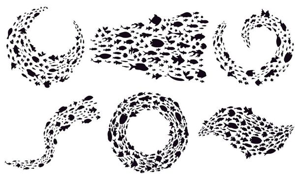 Kalakoulut. Ryhmät merikalojen siluetteja, valtameren ympyrä ja aalto kutevat kalat siirtomaa, meren symbolit vektori kuva asetettu - Vektori, kuva