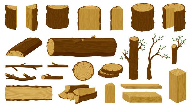 Ξύλινα ξύλα. Κορμός δέντρων, σανίδες ξυλουργικής και κλαδιά υλοτομίας, ξυλεία βιομηχανία τεμαχισμένα καυσόξυλα υλικό απομονωμένη εικονογράφηση διάνυσμα εικονίδια που - Διάνυσμα, εικόνα