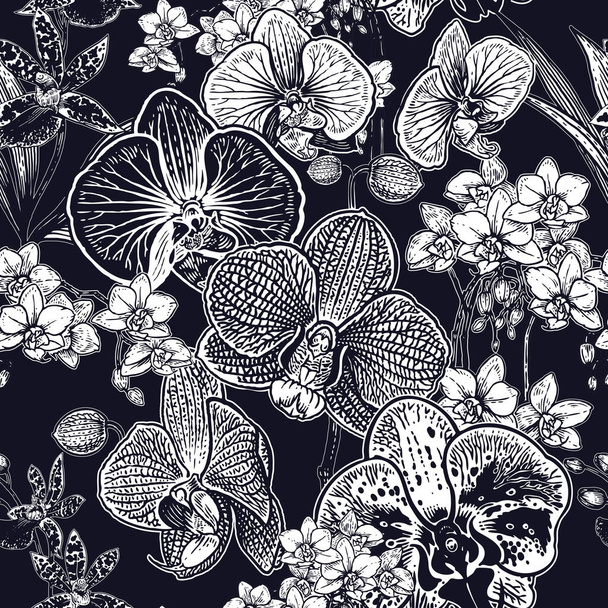 Black and white floral seamless pattern. Exotic tropical flowers orchids. Vector illustration. Vintage. Flower background for fabrics, paper, wallpaper, textile and other. - Вектор,изображение