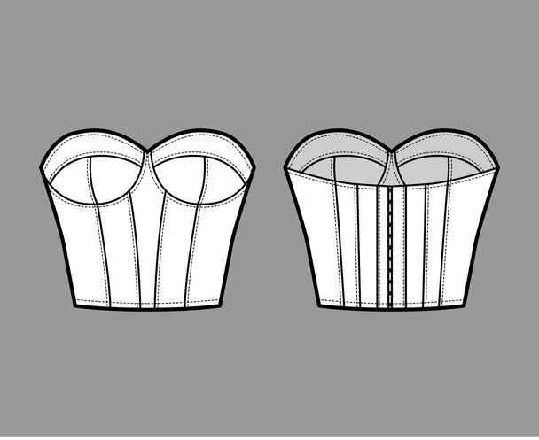 Bustier Corsetry Dessous technische Mode Illustration mit geformter Tasse, Knochen, Haken-und-Ösen-Verschluss, schlanke Passform. Flach - Vektor, Bild