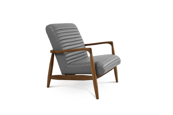 Сіре розкішне шкіряне класичне крісло з дерев'яними ногами ізольовано на білому тлі. Серія меблів
 - Фото, зображення