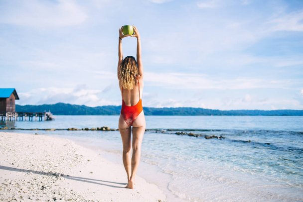Back view of slim woman holding tropical coconut fruit over head standing at seashore beach, tan female tourist with refreshment cocktail enjoying summer vacations for visiting Indonesian island - Foto, Bild