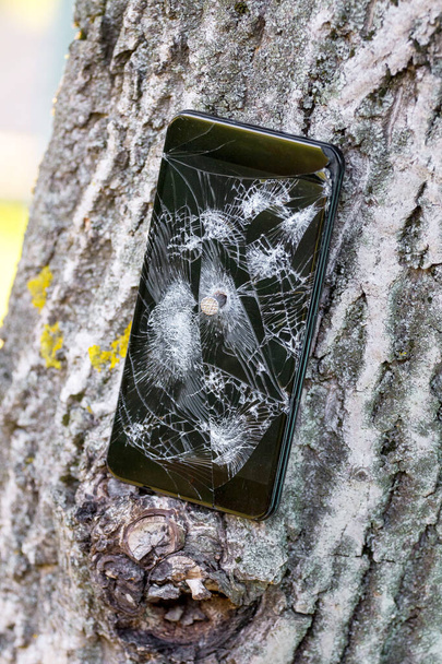 Das Handy wird mit einem großen Nagel an einen Baum genagelt. Handyreparatur - Foto, Bild
