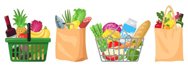 Supermarkt-Einkaufstüten. Einkaufskörbe und -taschen, Plastik, Papierkäufe Pakete, Einkaufstüten mit Bio-Lebensmittel Vektor Illustrationsset - Vektor, Bild