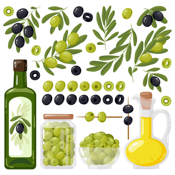 Oliva de dibujos animados. Aceitunas negras y verdes, ramas de olivo y aceite de oliva virgen extra, productos de oliva ecológicos saludables vector ilustración conjunto - Vector, imagen