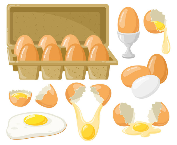 Kreslená kuřecí vejce. Čerstvá, vařená, smažená vejce, rozbitá vejce, napůl vejce se žloutkem, vejce v lepenkové krabici. Ekologická farma jídlo vektorové ilustrační sada - Vektor, obrázek