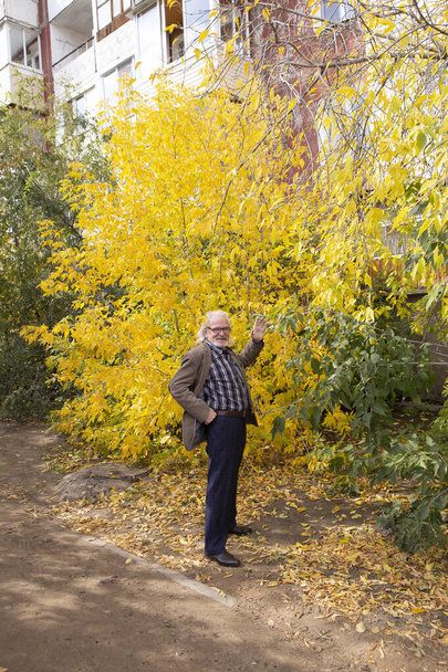 elegantly dressed grandfather walks through the autumn forest among bright yellow trees - Foto, afbeelding