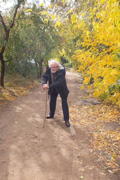 A lame old man walks bending through the forest leaning on a stick - Photo, Image