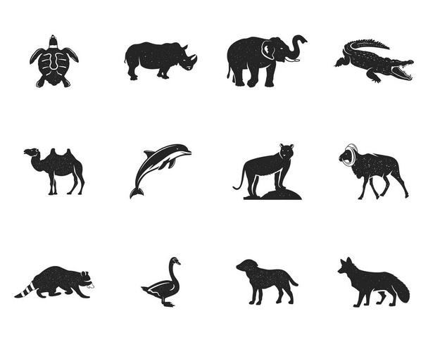 Figuras de animales salvajes y colecciones de formas aisladas sobre fondo blanco. Siluetas negras tortuga, rinoceronte, delfín, cisne, tigre, camello, mapache, zorro, perro y otros. Los animales forman un paquete. Vector - Vector, Imagen