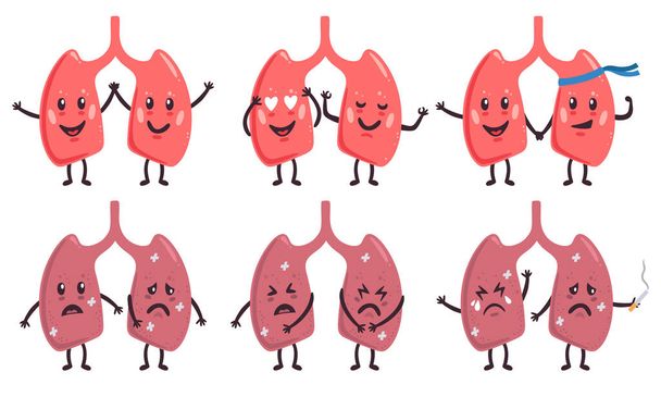 Cute lungs characters. Healthy and unhealthy medicine human organs characters, happy cute and sad lungs vector illustration icons set - Vector, Image