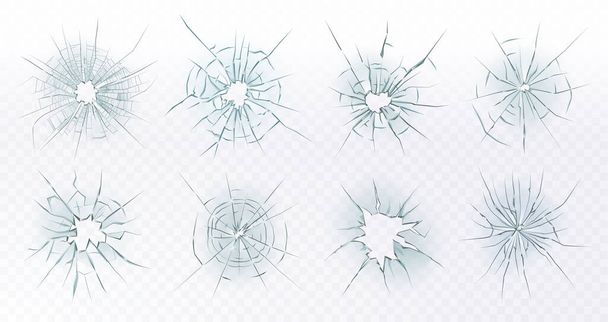 Broken glass. Cracked window glass, damaged shattered ice surface, crack hole computer screen 3D isolated vector illustration symbols set - Vector, Image