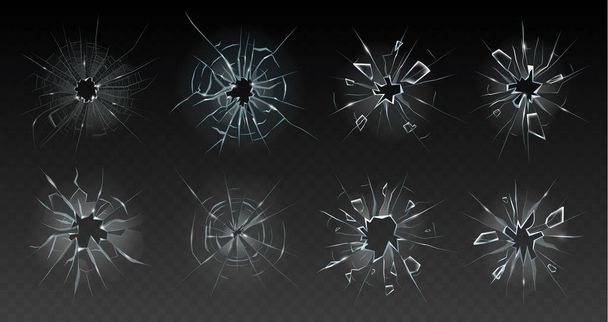Realistic cracked glass. Broken smashed, damaged texture, crash destruction ice, clear glass surface, crack bullet hole vector illustration set - Vector, Image