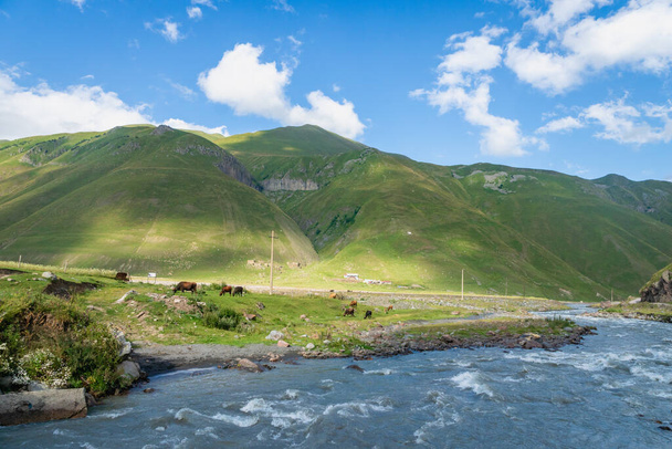 Mountain nature landscape in Truso Valley and Gorge on trekking / hiking route, in Kazbegi, Georgia. Truso valley is a scenic trekking route close to the border of North Ossetia. - Photo, Image