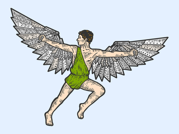 Icarus, egy fickó acélszárnyakkal. Ruházatminta. Karcolódeszka utánzat. Színes kézzel rajzolt kép. - Fotó, kép