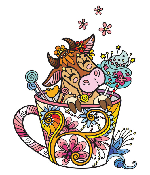Lijn kunst schattige koe in een kopje. Volwassen antistress illustratie met dier in wirwar stijl. Kleurrijke vector illustratie voor print, design, T-shirt print, tattoo, logo. Zendoodle. - Vector, afbeelding