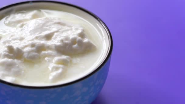 primo piano di yogurt fresco in una ciotola su sfondo a colori  - Filmati, video
