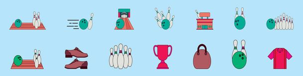 set di bowling modello di icona del cartone animato con vari modelli. illustrazione vettoriale isolata su sfondo blu - Vettoriali, immagini