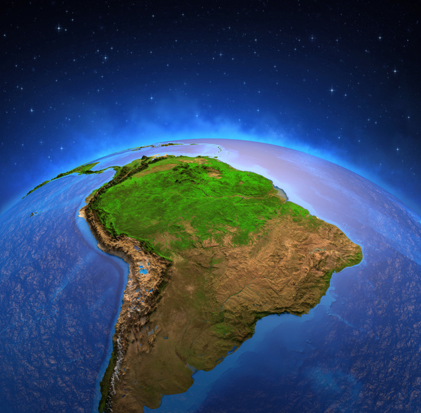 Powierzchnia planety Ziemia widziana z satelity, skupiona na Ameryce Południowej, Andach Cordillera i amazońskim lesie deszczowym. Fizyczna mapa Amazonii. Ilustracja 3D - Elementy tego obrazu dostarczone przez NASA. - Zdjęcie, obraz