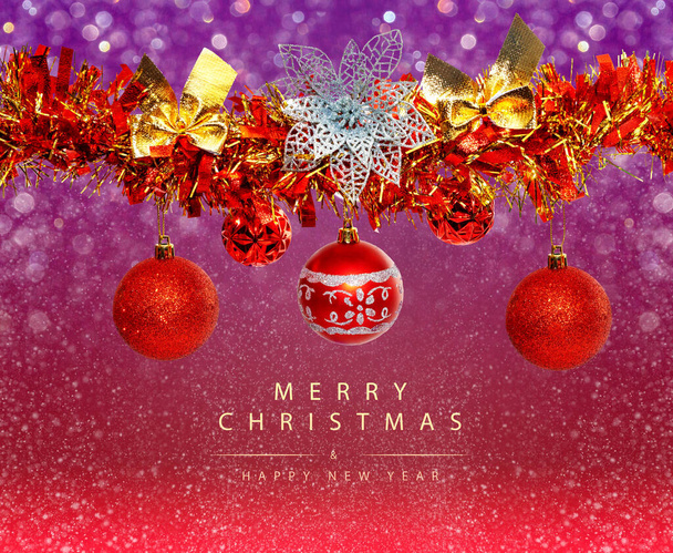 greeting card with red Christmas balls and red tinsel garland - Foto, afbeelding