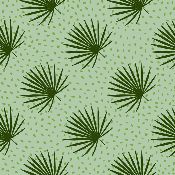 Тропический узор с нарисованными вручную веерными ладонями. Светло-зеленый фон с точками. Декоративный фон для оформления ткани, текстильной печати, обертывания, обложки. Векторная иллюстрация - Вектор,изображение