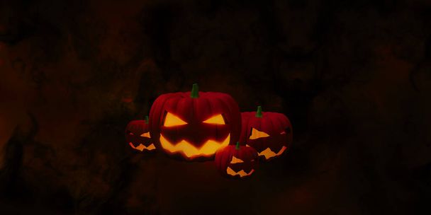 3d ilustración fondo de Halloween con la imagen de calabaza sonriente emitiendo luz. Sobre un fondo naranja rojizo y humo negro oscuro. - Foto, imagen