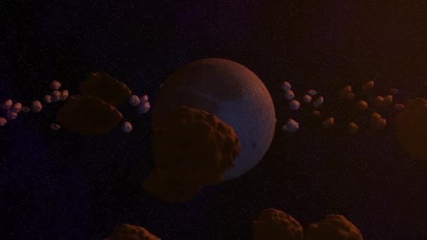 Asteroïden bewegen rond de planeten in een baan, 3D-animatie van de ruimte Asteroïden - Video