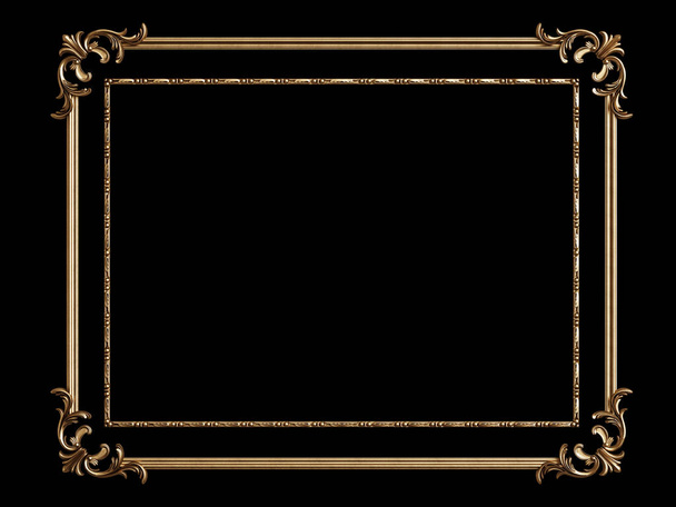 Classic golden frame with ornament decor isolated on black background. Digital illustration. 3d rendering - Photo, Image