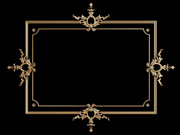 Classic golden frame with ornament decor isolated on black background. Digital illustration. 3d rendering - Zdjęcie, obraz