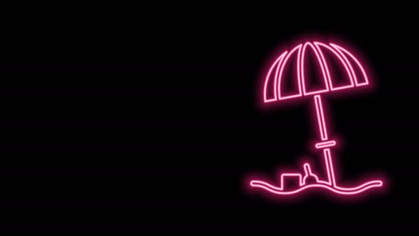 Linea neon luminosa Ombrello protettivo solare per icona spiaggia isolato su sfondo nero. Ampio ombrellone per spazio esterno. Ombrellone. Animazione grafica 4K Video motion - Filmati, video