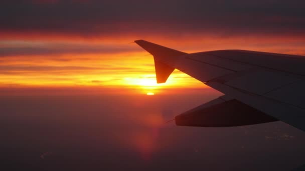 Окно точки зрения восхода солнца в самолете, видя крыло самолета. Ограбление Парижа рано утром. - Кадры, видео