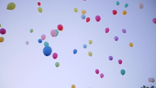 Πολύχρωμα μπαλόνια κόμμα που φέρουν στο ηλιοβασίλεμα του ουρανού. - Πλάνα, βίντεο