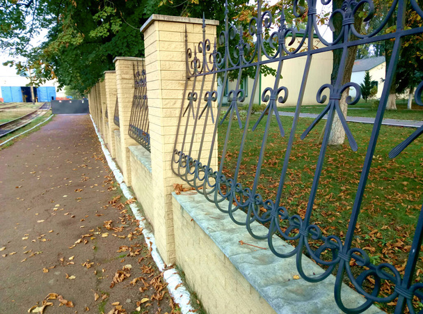 A stone fence with a cast iron lattice and a footpath strewn with dry leaves. - Photo, Image