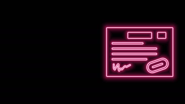 Gloeiende neon lijn Garantie certificaat sjabloon pictogram geïsoleerd op zwarte achtergrond. 4K Video motion grafische animatie - Video