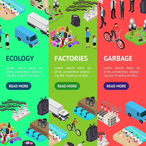Ecology Pollution Concept Banner Vecrtical Set 3d Isometric View. Vector - Διάνυσμα, εικόνα