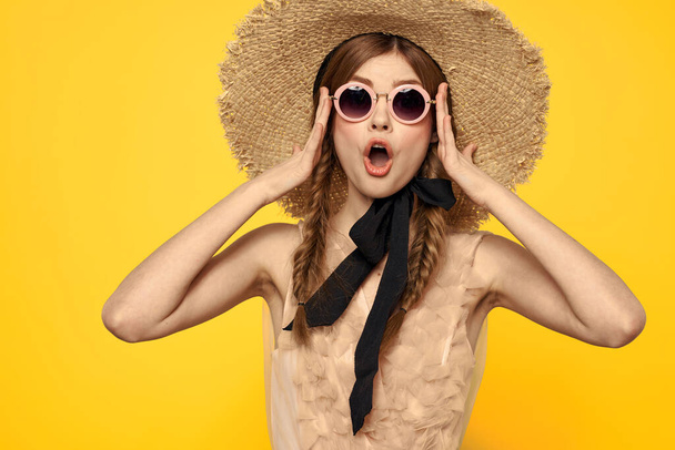 romantic lady in straw hat sunglasses model dress emotions - Zdjęcie, obraz